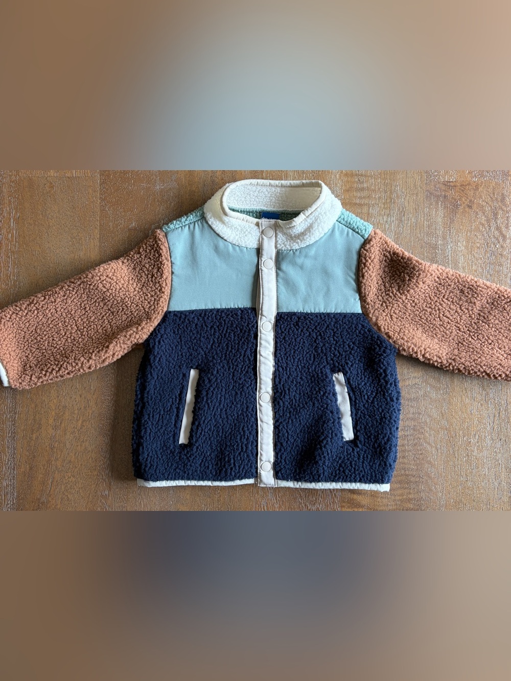 Colorblock Sherpa Jacket in Navy, Blue & Brown